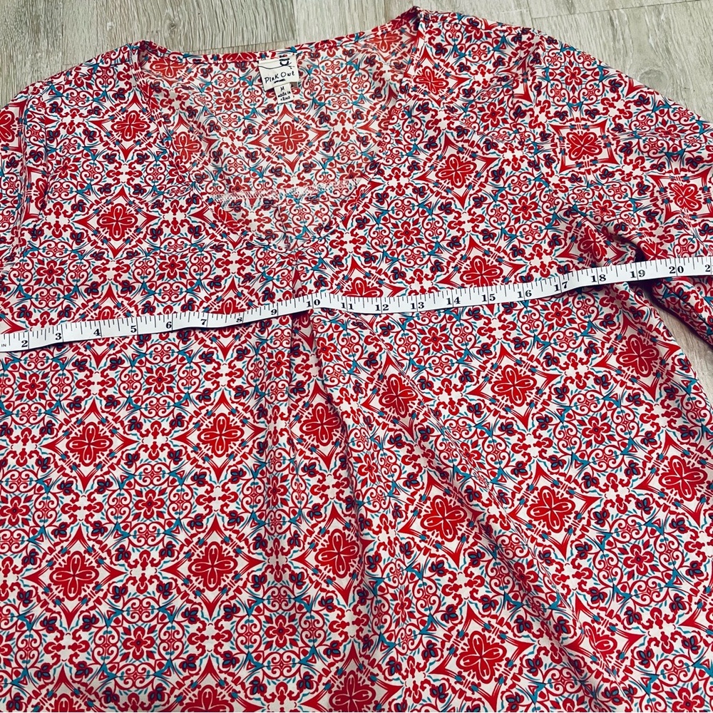 Pink Owl 3/4 Sleeve Tunic Blouse Top Red Turquoise Coral White V Neck - Picture 6 of 8